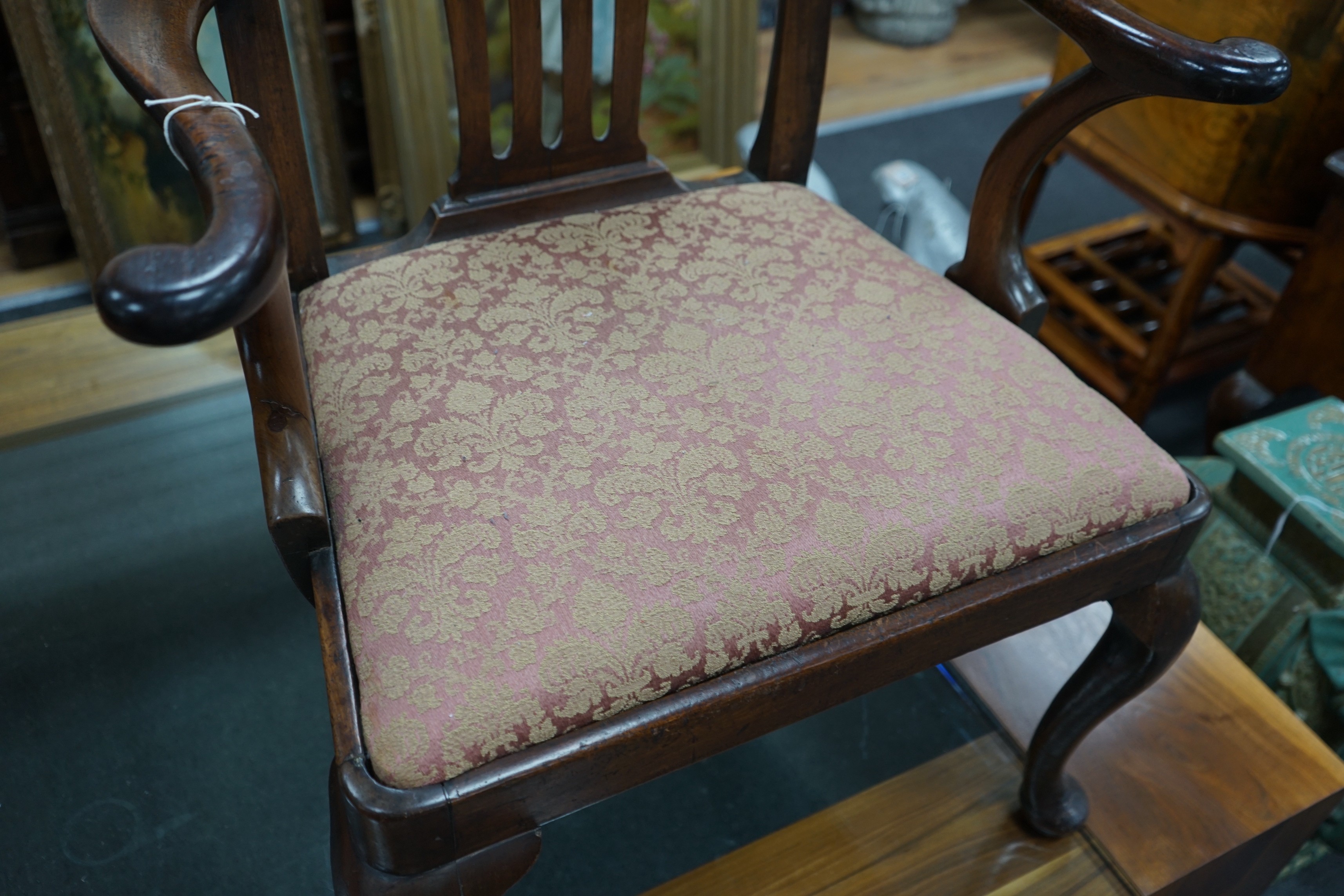 A George III mahogany elbow chair, width 70cm, depth 52cm, height 98cm